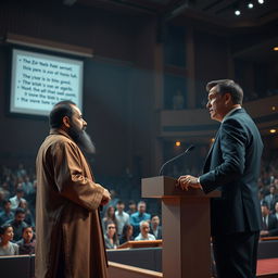 A highly detailed 3D realistic scene of an intense debate in a grand auditorium