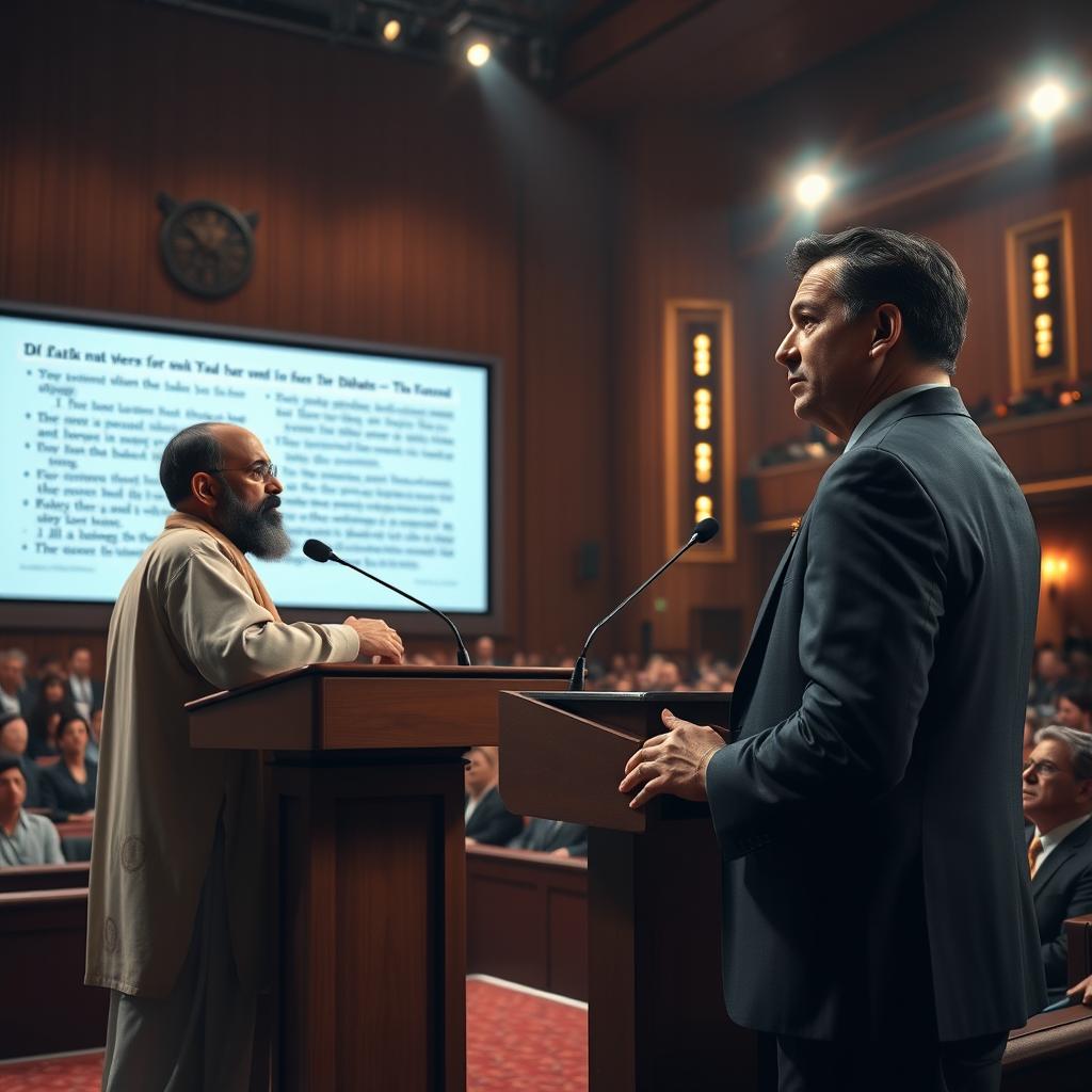 A highly detailed 3D realistic scene of an intense debate in a grand auditorium