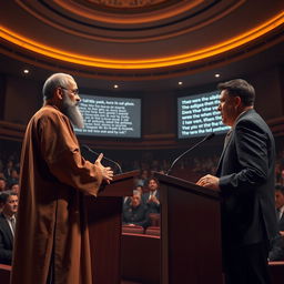 A highly detailed 3D realistic scene of an intense debate in a grand auditorium