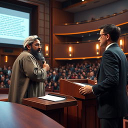A highly detailed 3D realistic scene of an intense debate in a grand auditorium