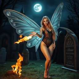 A full-length photographic image of a sexy, sweet, and innocent fairy with long, flowing blonde hair and shimmering silver wings, standing in a mystical cemetery outside a gothic castle at midnight under the moonlight