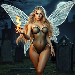 A full-length photographic image of a sexy, sweet, and innocent fairy with long, flowing blonde hair and shimmering silver wings, standing in a mystical cemetery outside a gothic castle at midnight under the bright moonlight