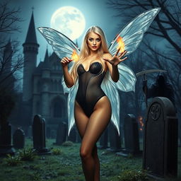 A full-length photographic image of a sexy, sweet, and innocent fairy with long, flowing blonde hair and shimmering silver wings, standing in a mystical cemetery outside a gothic castle at midnight under the bright moonlight