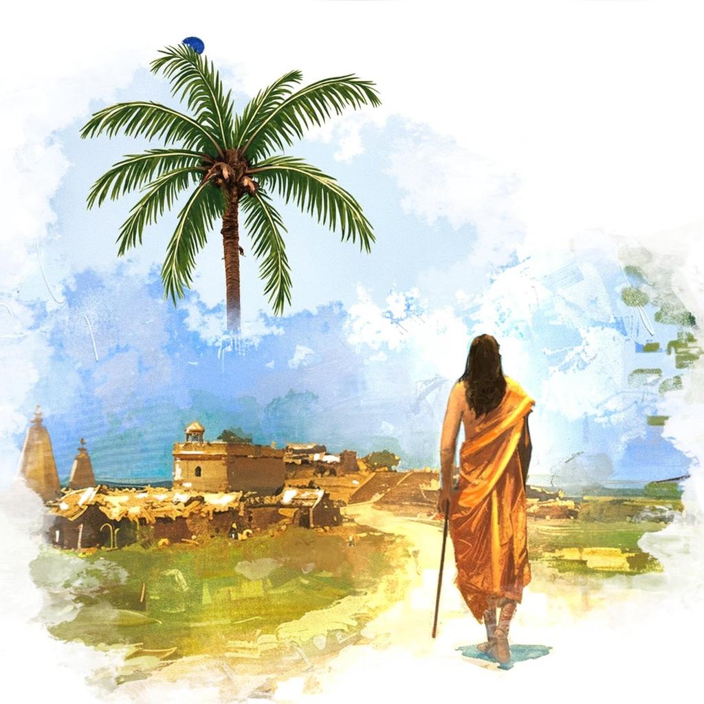 A serene landscape featuring a lone figure walking towards a rustic village