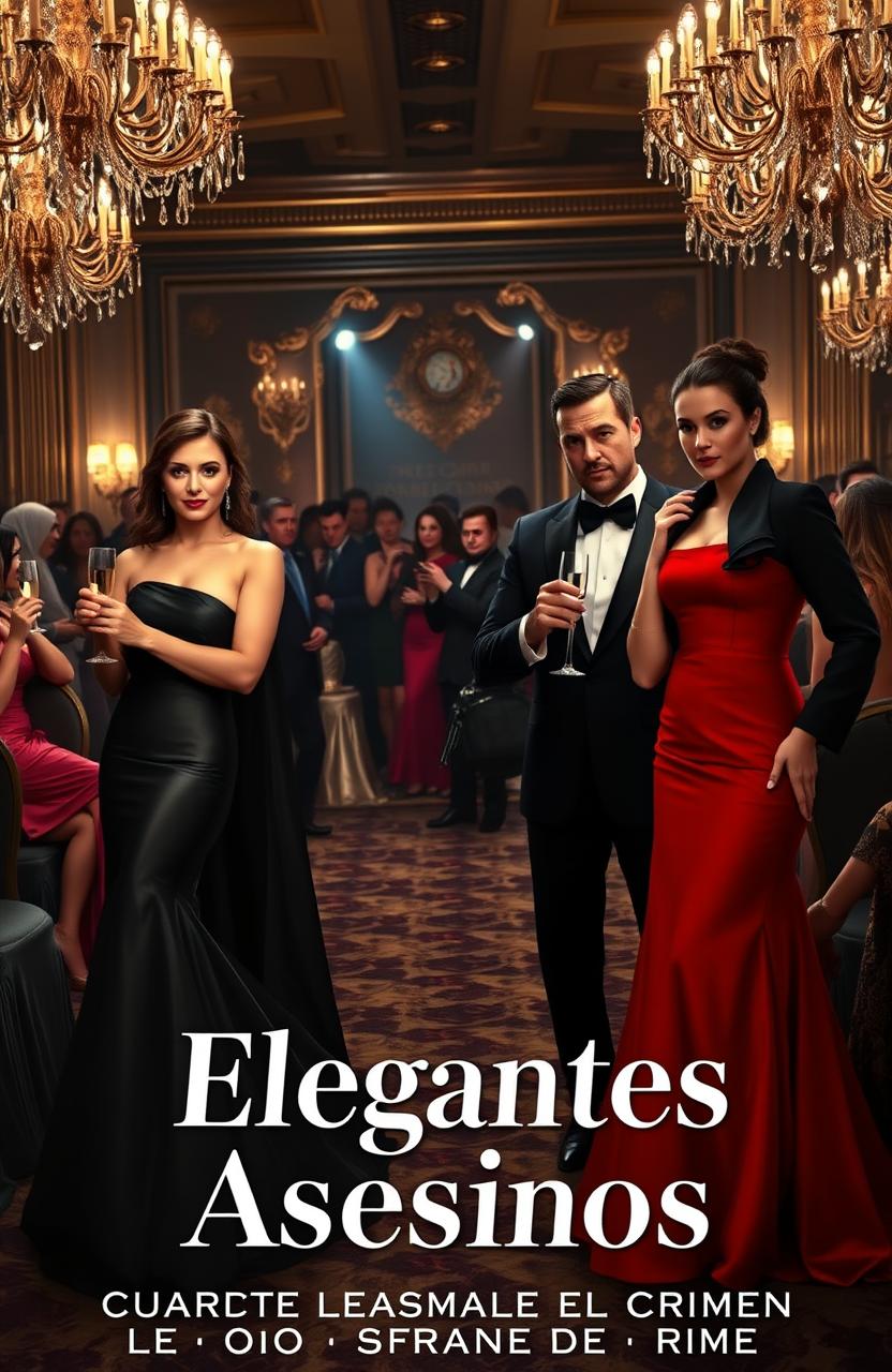 A dramatic and sophisticated scene set in a luxurious gala, showcasing four spies – two women and two men