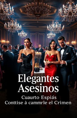 A dramatic and sophisticated scene set in a luxurious gala, showcasing four spies – two women and two men