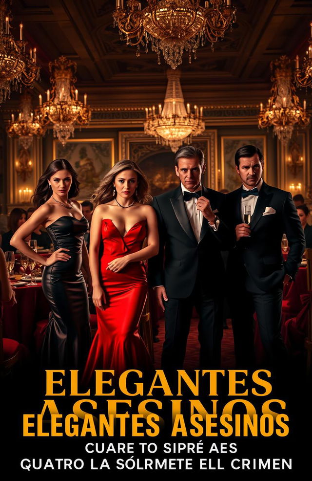 A dramatic and sophisticated scene set in a luxurious gala, showcasing four spies – two women and two men