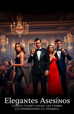 A dramatic and sophisticated scene set in a luxurious gala, showcasing four spies – two women and two men