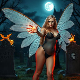 A full-length photographic image of a sexy, sweet, and innocent fairy with long, flowing blonde hair and shimmering silver wings, standing in a mystical cemetery outside a gothic castle at midnight under the moonlight