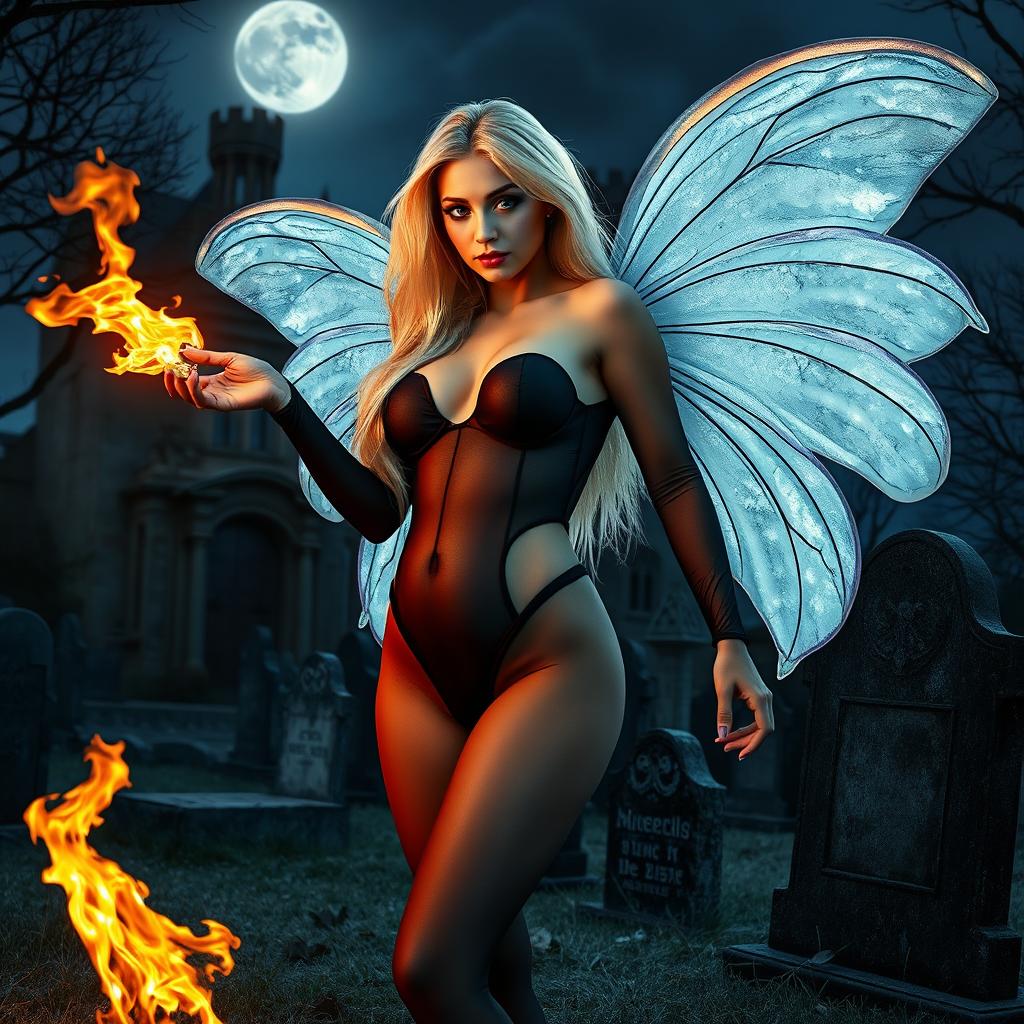 A full-length photographic image of a sexy, sweet, and innocent fairy with long, flowing blonde hair and shimmering silver wings, standing in a mystical cemetery outside a gothic castle at midnight under the moonlight