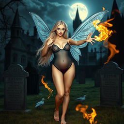 A full-length photographic image of a sexy, sweet, and innocent fairy with long, flowing blonde hair and shimmering silver wings, positioned gracefully in a mystical cemetery outside a gothic castle at midnight under the glowing moon
