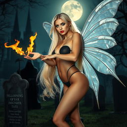A full-length photographic image of a captivating fairy with long, flowing blonde hair and shimmering silver wings, gracefully posed in a cemetery distinguished by a gothic castle at midnight, illuminated by the soft glow of the moon
