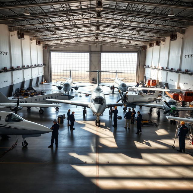 A large airplane hangar filled with various aircraft, showcasing a modern and spacious environment