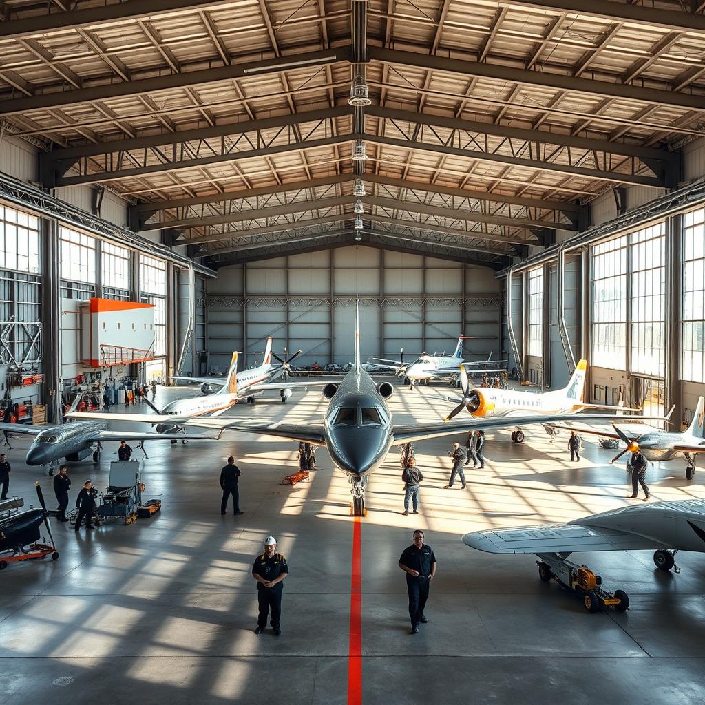 A large airplane hangar filled with various aircraft, showcasing a modern and spacious environment
