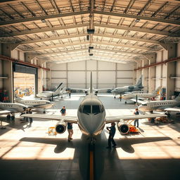 A large airplane hangar filled with various aircraft, showcasing a modern and spacious environment