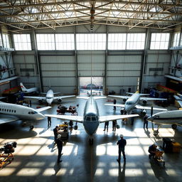 A large airplane hangar filled with various aircraft, showcasing a modern and spacious environment
