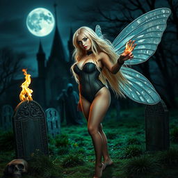 A full-length photographic image of a captivating fairy with thick, flowing blonde hair and shimmering silver wings, poised in a mystical cemetery outside a gothic castle at midnight