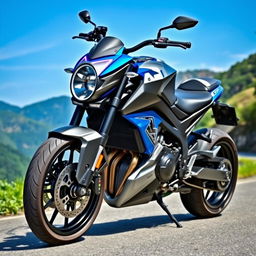 A customized motorcycle with a sleek and futuristic design, featuring a vibrant blue and silver paint job, a large headlight with LED accents, and aggressive styling