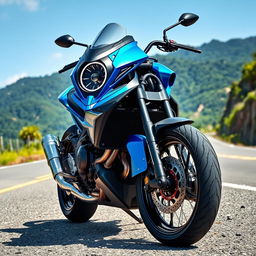 A customized motorcycle with a sleek and futuristic design, featuring a vibrant blue and silver paint job, a large headlight with LED accents, and aggressive styling