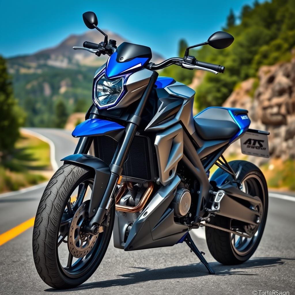 A customized motorcycle with a sleek and futuristic design, featuring a vibrant blue and silver paint job, a large headlight with LED accents, and aggressive styling