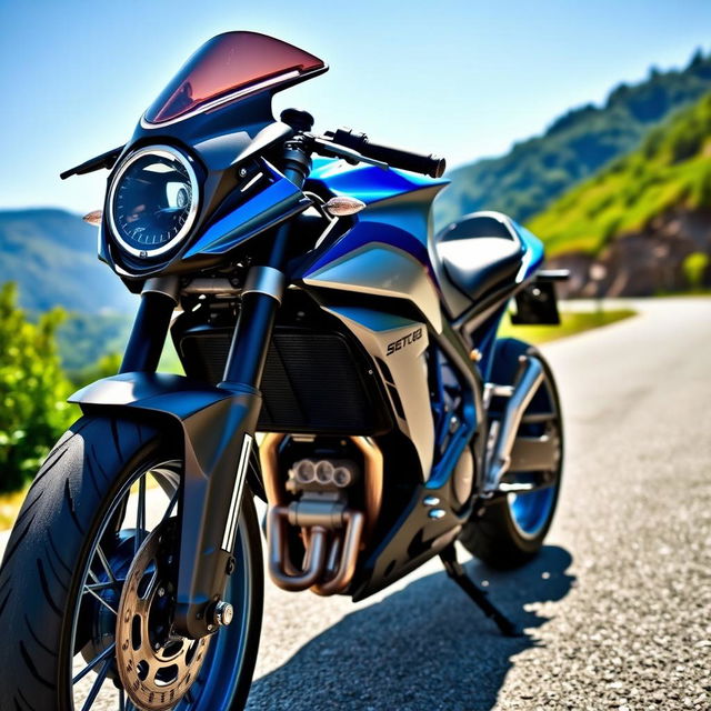 A customized motorcycle with a sleek and futuristic design, featuring a vibrant blue and silver paint job, a large headlight with LED accents, and aggressive styling