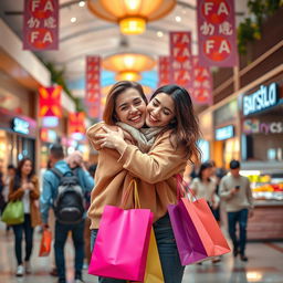 A warm and heartfelt scene of two adults embracing in a bustling mall background, surrounded by various fashionable shops and cheerful shoppers