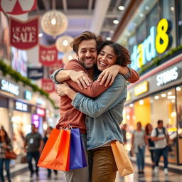 A warm and heartfelt scene of two adults embracing in a bustling mall background, surrounded by various fashionable shops and cheerful shoppers