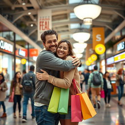 A warm and heartfelt scene of two adults embracing in a bustling mall background, surrounded by various fashionable shops and cheerful shoppers