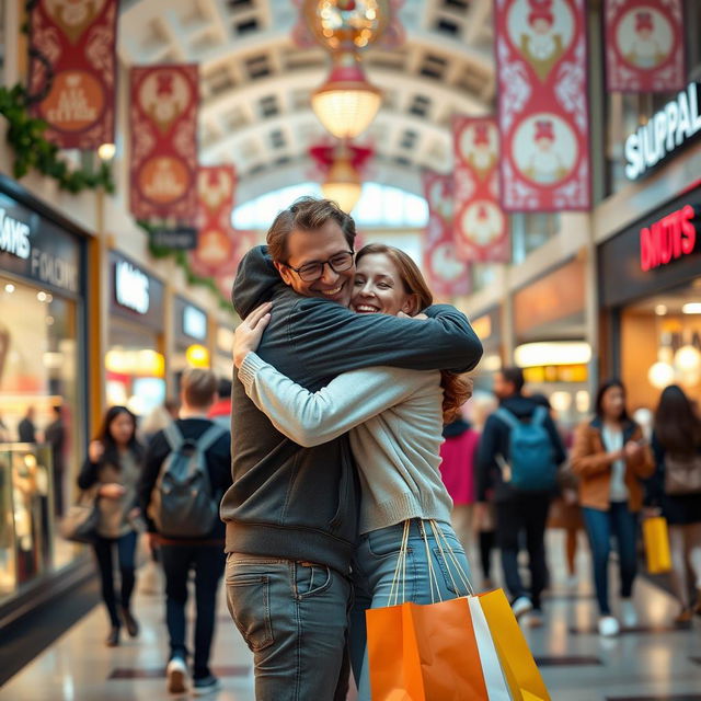 A warm and heartfelt scene of two adults embracing in a bustling mall background, surrounded by various fashionable shops and cheerful shoppers