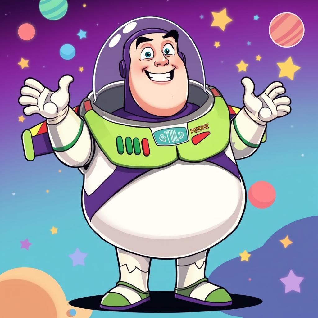 A humorous illustration of a chubby Buzz Lightyear, styled in a playful and cartoonish manner