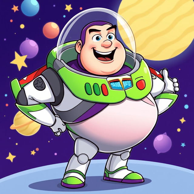 A humorous illustration of a chubby Buzz Lightyear, styled in a playful and cartoonish manner