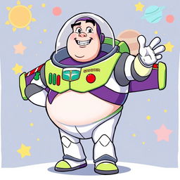 A humorous illustration of a chubby Buzz Lightyear, styled in a playful and cartoonish manner