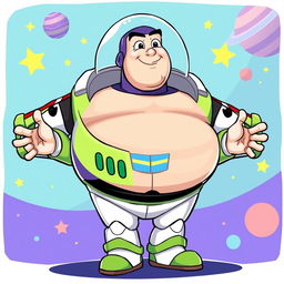 A humorous illustration of a chubby Buzz Lightyear, styled in a playful and cartoonish manner
