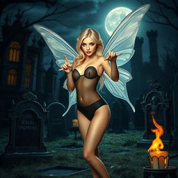 A full-length photographic image of a charming fairy with silky blonde hair and elegant silver wings, posed gracefully in a mystical cemetery outside a gothic castle at midnight, illuminated by the enchanting glow of the moon