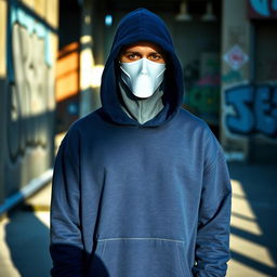 A man wearing a navy blue hoodie that covers his head, and a white full face mask, standing in an urban environment