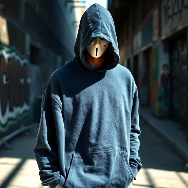 A man wearing a navy blue hoodie that covers his head, and a white full face mask, standing in an urban environment