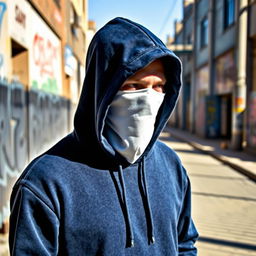 A man wearing a navy blue hoodie that covers his head, and a white full face mask, standing in an urban environment