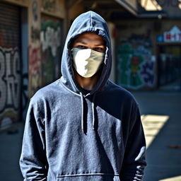 A man wearing a navy blue hoodie that covers his head, and a white full face mask, standing in an urban environment