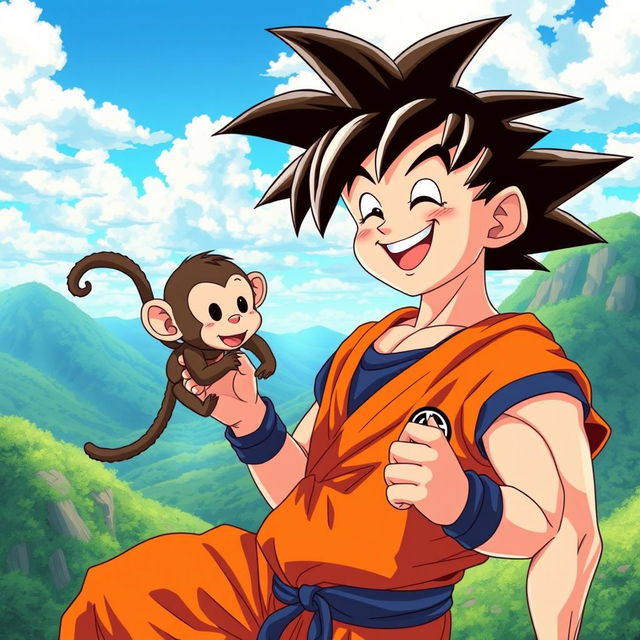 Goku with his iconic spiky hair and orange gi, playfully interacting with a small, cheerful monkey, set in a vibrant landscape that resembles the Dragon Ball universe