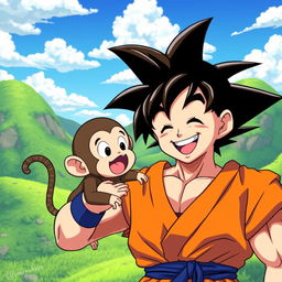 Goku with his iconic spiky hair and orange gi, playfully interacting with a small, cheerful monkey, set in a vibrant landscape that resembles the Dragon Ball universe
