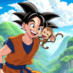 Goku with his iconic spiky hair and orange gi, playfully interacting with a small, cheerful monkey, set in a vibrant landscape that resembles the Dragon Ball universe