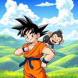 An illustration of Goku from Dragon Ball standing proudly next to a cute and mischievous monkey