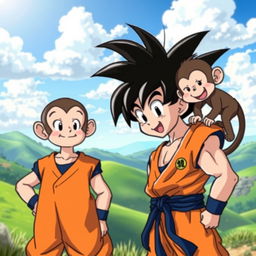 An illustration of Goku from Dragon Ball standing proudly next to a cute and mischievous monkey