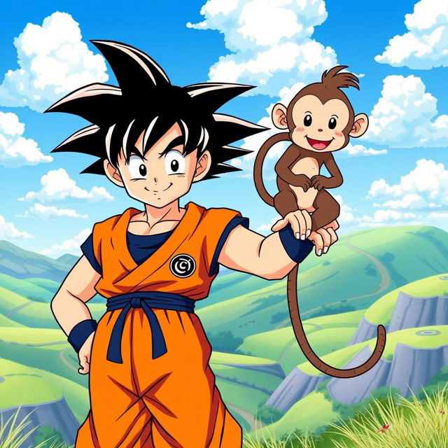 An illustration of Goku from Dragon Ball standing proudly next to a cute and mischievous monkey