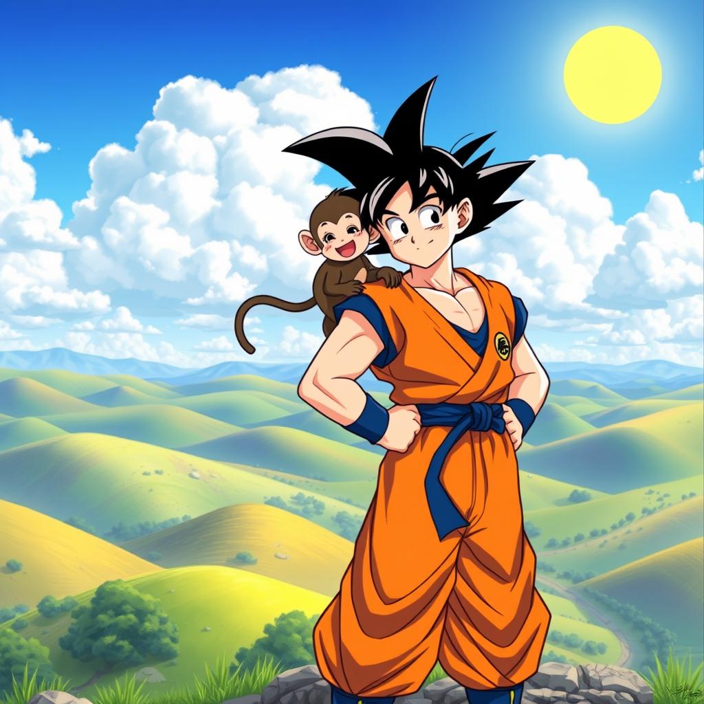 An illustration of Goku from Dragon Ball standing proudly next to a cute and mischievous monkey