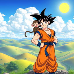 An illustration of Goku from Dragon Ball standing proudly next to a cute and mischievous monkey