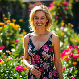 A beautiful woman in her 40s, exuding confidence and charm while wearing an elegant summer dress with floral patterns
