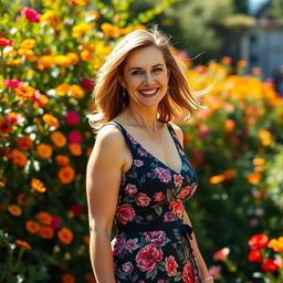 A beautiful woman in her 40s, exuding confidence and charm while wearing an elegant summer dress with floral patterns