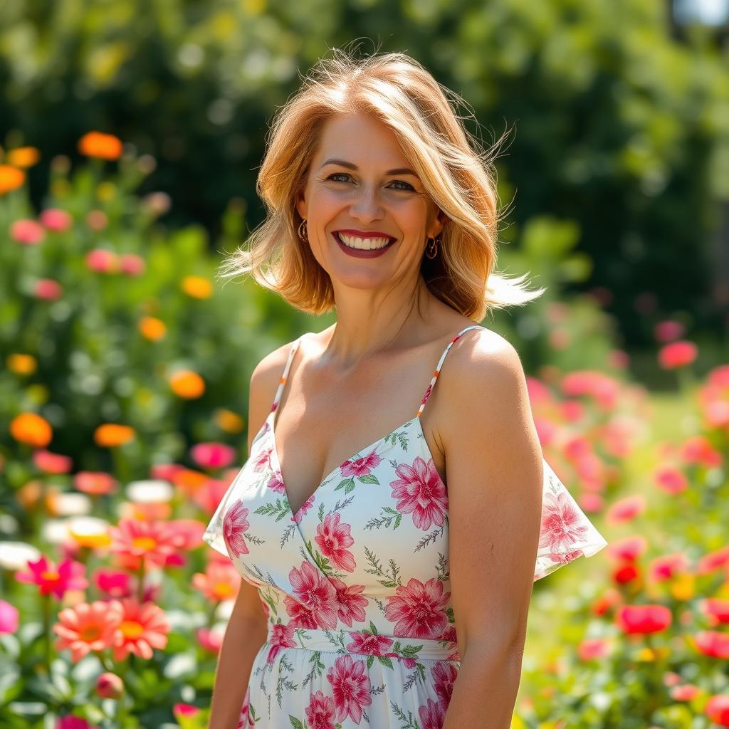 A beautiful woman in her 40s, exuding confidence and charm while wearing an elegant summer dress with floral patterns