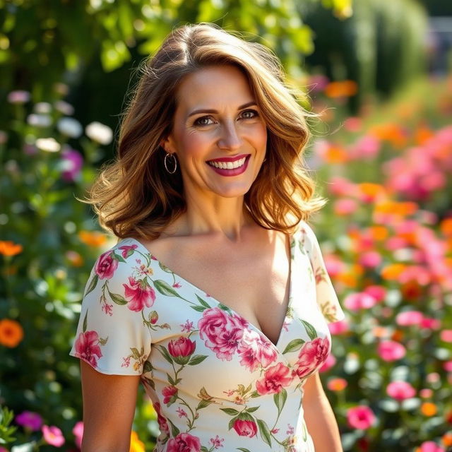 A beautiful woman in her 40s, exuding confidence and charm while wearing an elegant summer dress with floral patterns